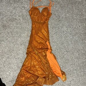orange sparkly prom dress/ tall / size 8 / strapy back / one slit / rusty orange